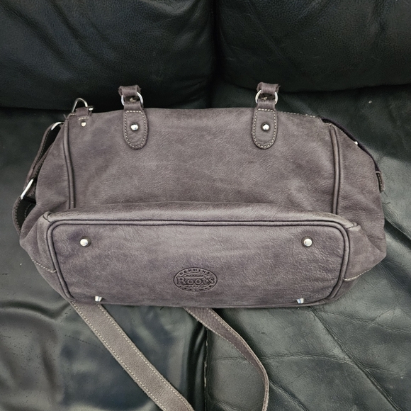 Roots 100% Leather Taupe Stainless Steel Hardware Gray Satchel Handbag Purse - Picture 5 of 16